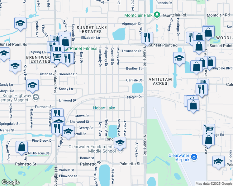 map of restaurants, bars, coffee shops, grocery stores, and more near 1701 Linwood Drive in Clearwater