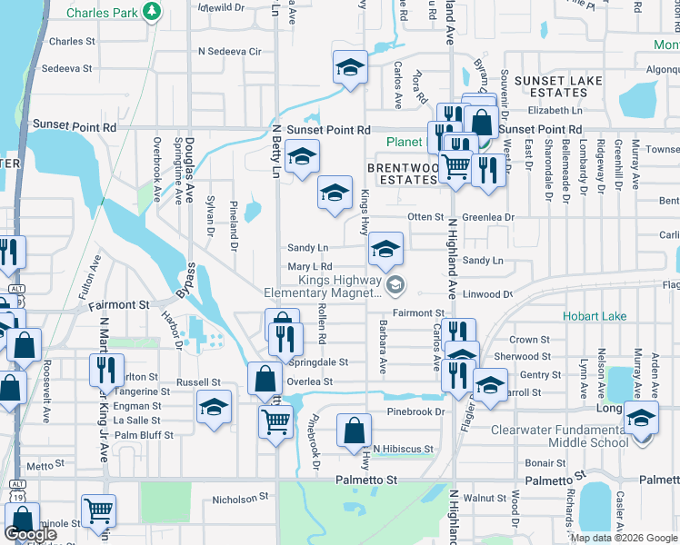 map of restaurants, bars, coffee shops, grocery stores, and more near 1357 Mary L Road in Clearwater