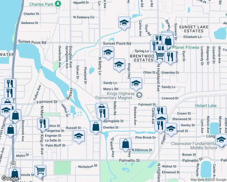 map of restaurants, bars, coffee shops, grocery stores, and more near 1329 Mary L Road in Clearwater