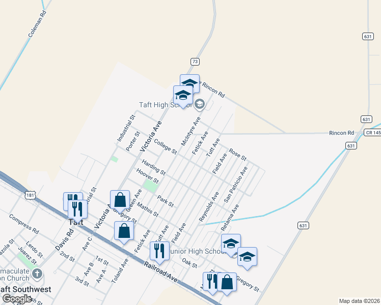 map of restaurants, bars, coffee shops, grocery stores, and more near 713 Fetick Avenue in Taft