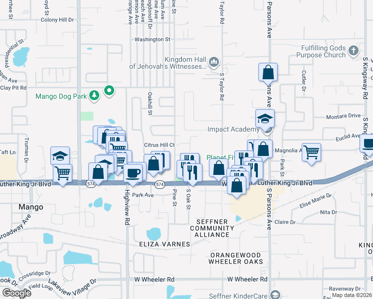 map of restaurants, bars, coffee shops, grocery stores, and more near 5008 Beechcraft Way in Seffner