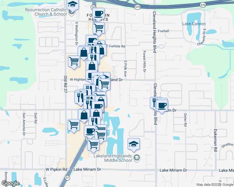 map of restaurants, bars, coffee shops, grocery stores, and more near 4505 Nunnswood Lane in Lakeland
