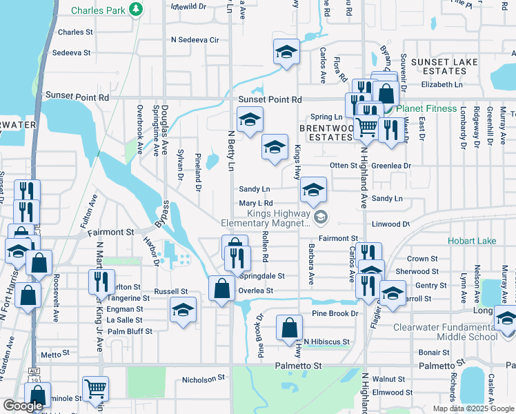 map of restaurants, bars, coffee shops, grocery stores, and more near 1329 Mary L Road in Clearwater