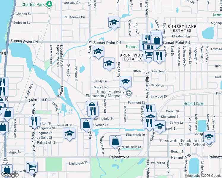 map of restaurants, bars, coffee shops, grocery stores, and more near 1357 Mary L Road in Clearwater