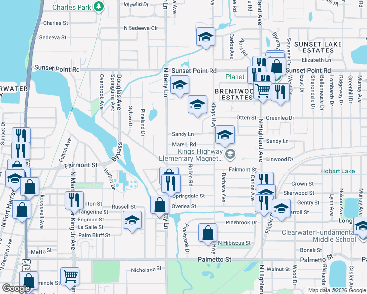 map of restaurants, bars, coffee shops, grocery stores, and more near 1329 Mary L Road in Clearwater