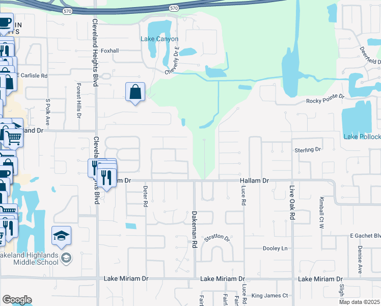 map of restaurants, bars, coffee shops, grocery stores, and more near 4406 Hallamview Lane in Lakeland