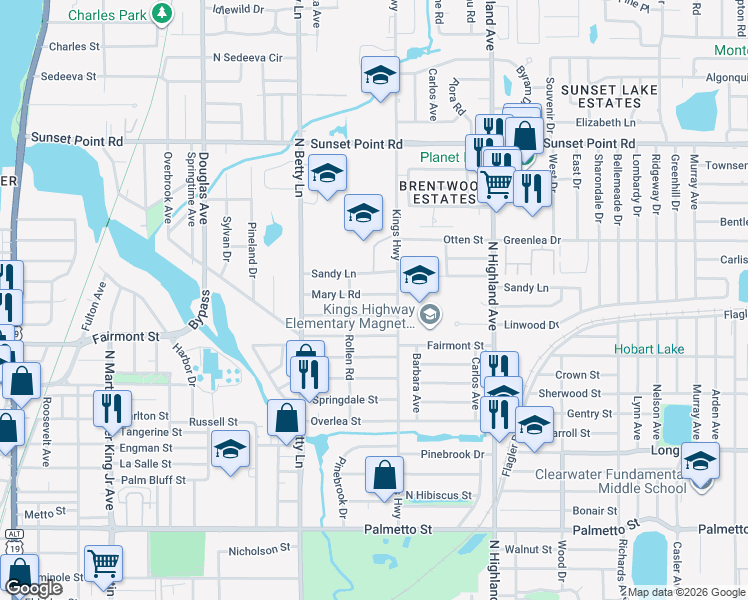 map of restaurants, bars, coffee shops, grocery stores, and more near 1357 Mary L Road in Clearwater