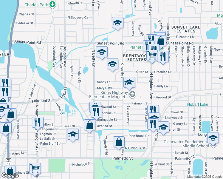 map of restaurants, bars, coffee shops, grocery stores, and more near 1345 Mary L Road in Clearwater