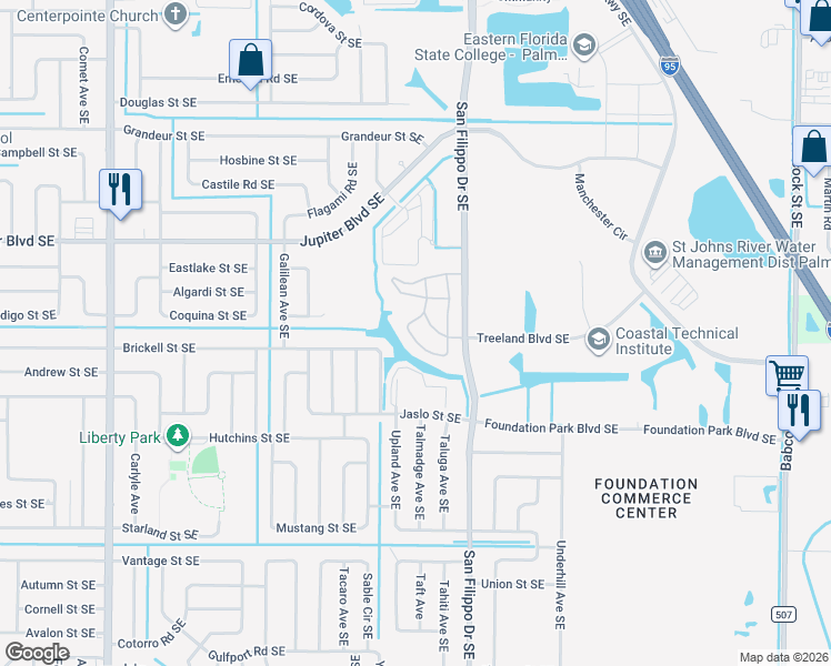 map of restaurants, bars, coffee shops, grocery stores, and more near 104 Loffler Circle Southeast in Palm Bay