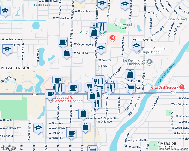 map of restaurants, bars, coffee shops, grocery stores, and more near 4505 Emma Circle in Tampa