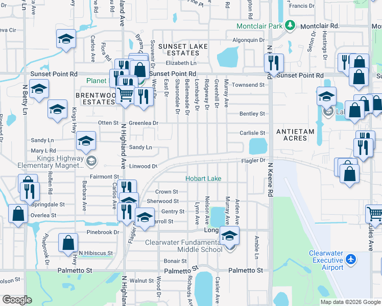 map of restaurants, bars, coffee shops, grocery stores, and more near 1701 Bellemeade Dr in Clearwater