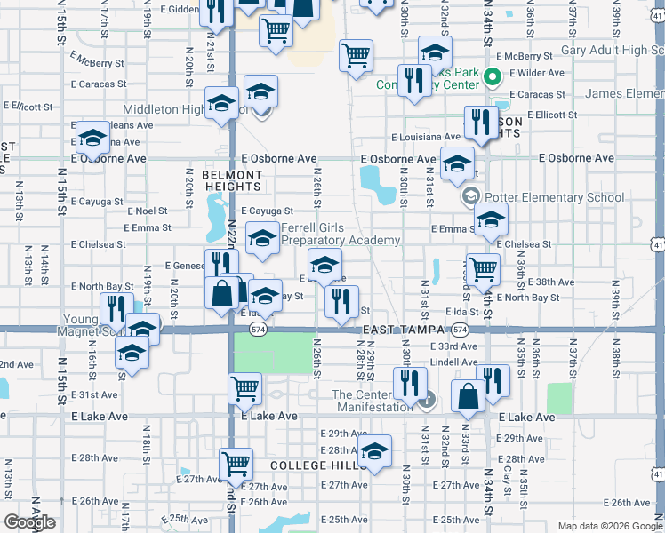 map of restaurants, bars, coffee shops, grocery stores, and more near 2611 East Genesee Street in Tampa