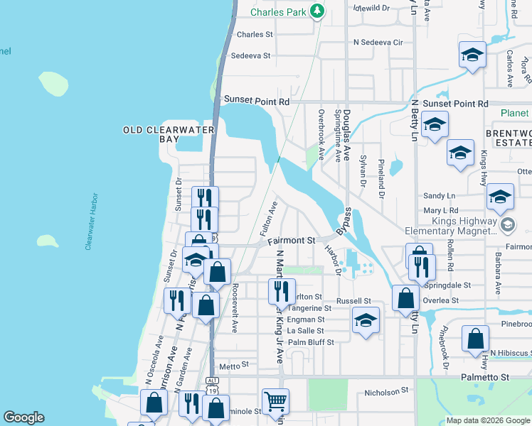 map of restaurants, bars, coffee shops, grocery stores, and more near 1742 Fulton Avenue in Clearwater