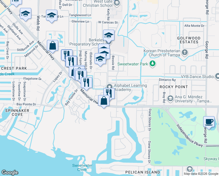 map of restaurants, bars, coffee shops, grocery stores, and more near 7511 Winchester Drive in Tampa