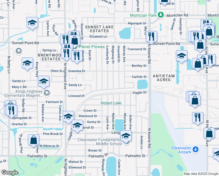 map of restaurants, bars, coffee shops, grocery stores, and more near 1673 Linwood Drive in Clearwater
