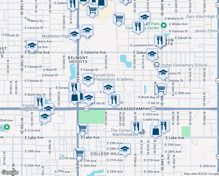 map of restaurants, bars, coffee shops, grocery stores, and more near 2609 East Genesee Street in Tampa