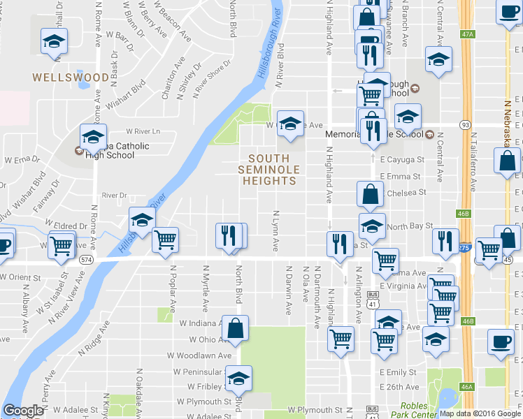 map of restaurants, bars, coffee shops, grocery stores, and more near 505 Alva Street in Tampa