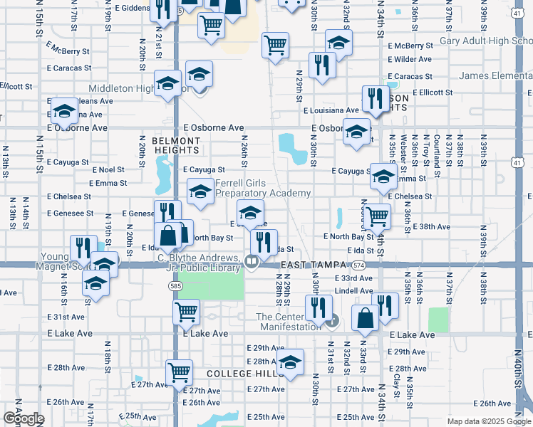 map of restaurants, bars, coffee shops, grocery stores, and more near 2614 East 38th Avenue in Tampa