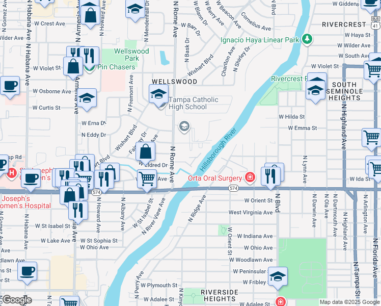 map of restaurants, bars, coffee shops, grocery stores, and more near 1505 Coolwater Drive in Tampa