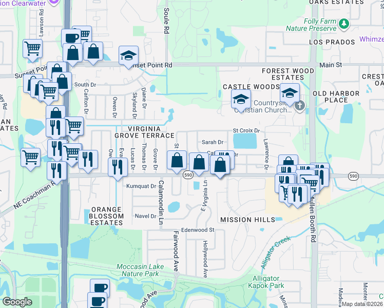map of restaurants, bars, coffee shops, grocery stores, and more near 1723 Saint Anthony Drive in Clearwater