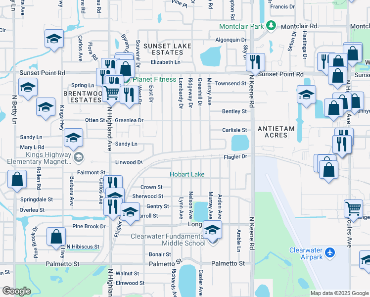 map of restaurants, bars, coffee shops, grocery stores, and more near 1673 Linwood Drive in Clearwater