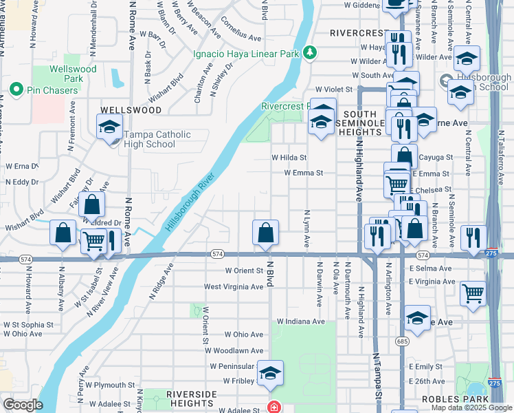 map of restaurants, bars, coffee shops, grocery stores, and more near 711 West River Heights Avenue in Tampa