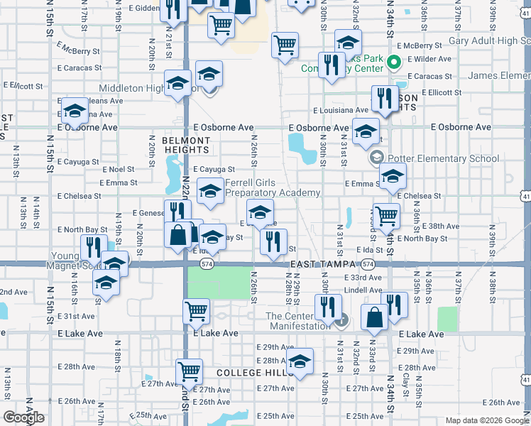 map of restaurants, bars, coffee shops, grocery stores, and more near 2611 East Genesee Street in Tampa