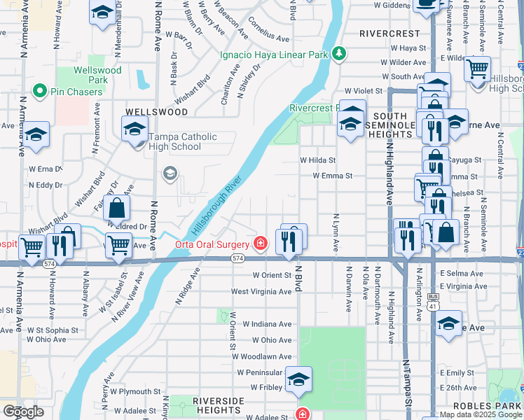 map of restaurants, bars, coffee shops, grocery stores, and more near 903 West River Heights Avenue in Tampa