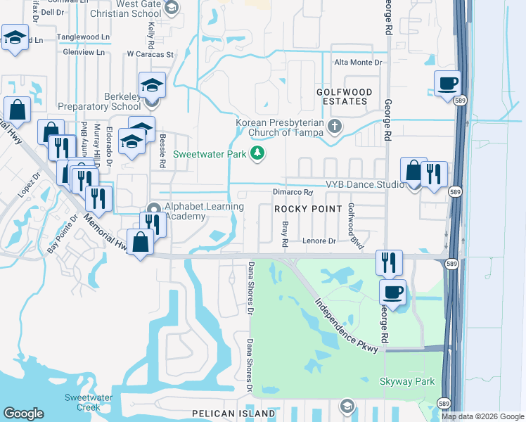 map of restaurants, bars, coffee shops, grocery stores, and more near 4518 Devonshire Road in Tampa