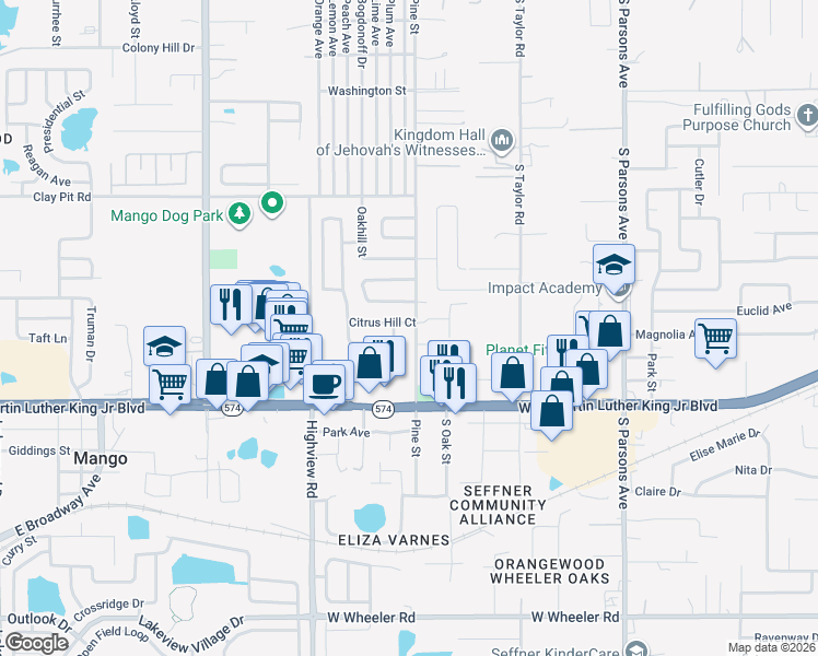 map of restaurants, bars, coffee shops, grocery stores, and more near 5020 Pine Street in Seffner