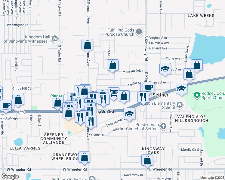 map of restaurants, bars, coffee shops, grocery stores, and more near 409 Magnolia Avenue in Seffner
