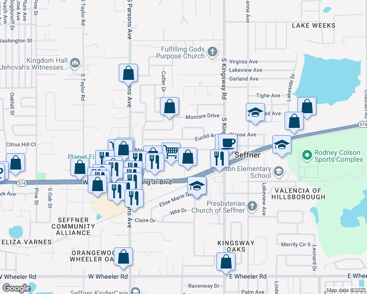 map of restaurants, bars, coffee shops, grocery stores, and more near 129 Magnolia Avenue in Seffner