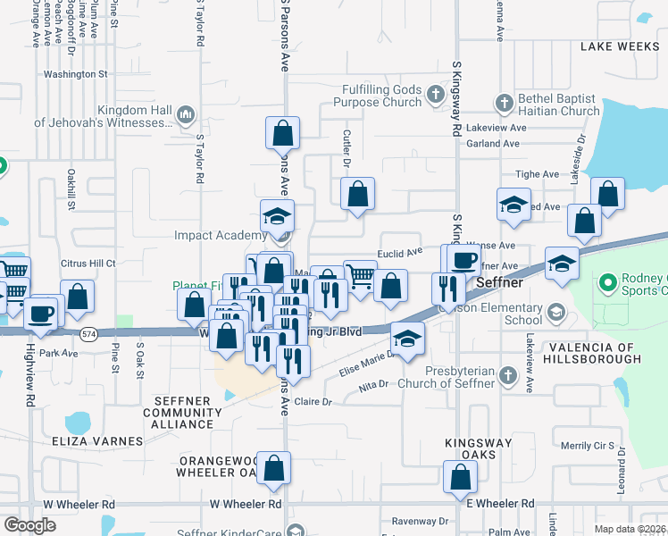 map of restaurants, bars, coffee shops, grocery stores, and more near 510 Magnolia Avenue in Seffner