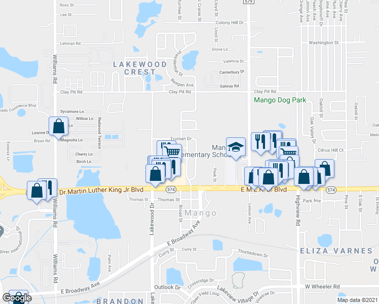 map of restaurants, bars, coffee shops, grocery stores, and more near 4205 Orange Street in Seffner