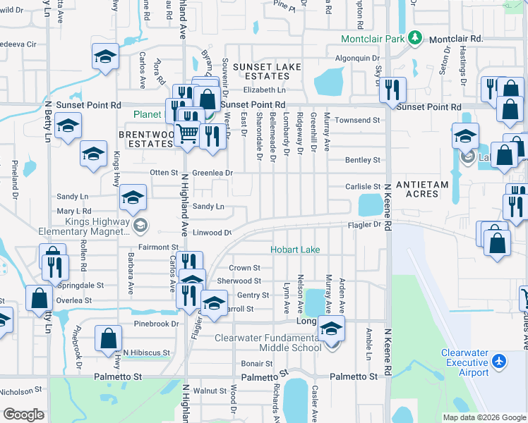 map of restaurants, bars, coffee shops, grocery stores, and more near 1701 Bellemeade Drive in Clearwater