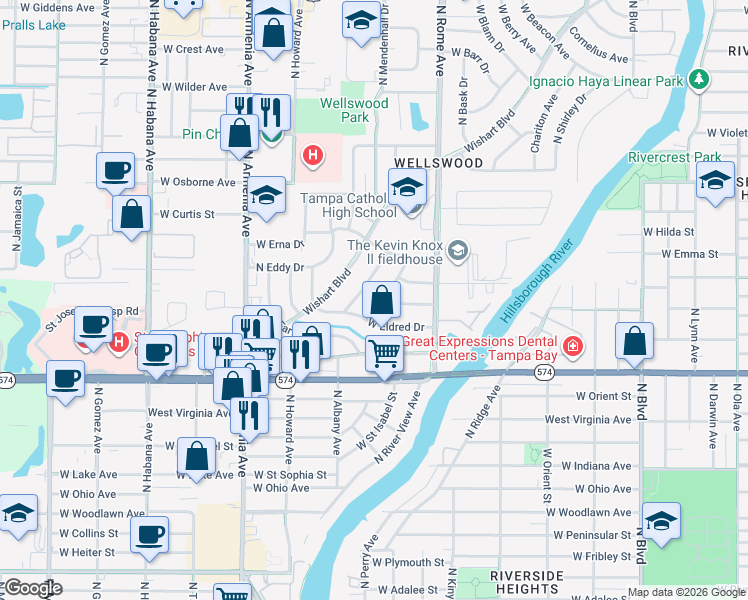 map of restaurants, bars, coffee shops, grocery stores, and more near 4608 Harvey Avenue in Tampa