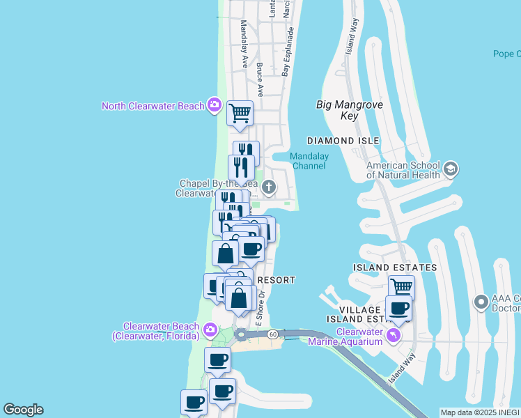 map of restaurants, bars, coffee shops, grocery stores, and more near 51 Bay Esplanade in Clearwater