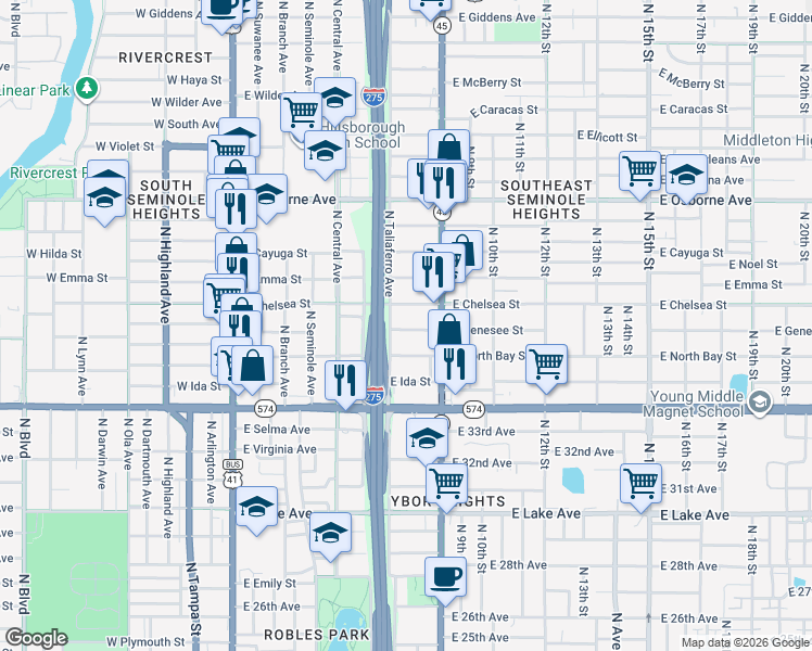 map of restaurants, bars, coffee shops, grocery stores, and more near 806 East Genesee Street in Tampa