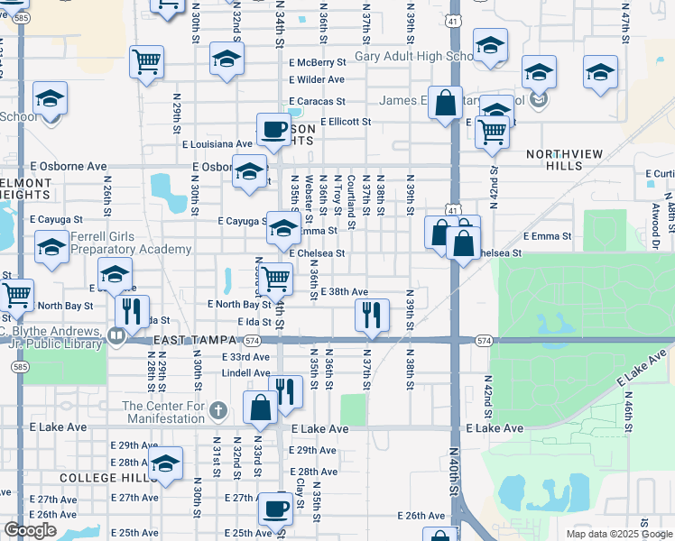 map of restaurants, bars, coffee shops, grocery stores, and more near 3625 East Genesee Street in Tampa