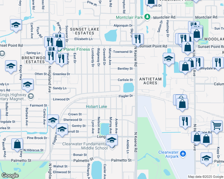 map of restaurants, bars, coffee shops, grocery stores, and more near 1701 Linwood Drive in Clearwater