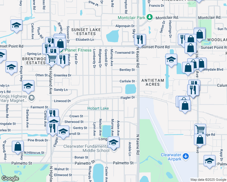 map of restaurants, bars, coffee shops, grocery stores, and more near 1701 Linwood Drive in Clearwater