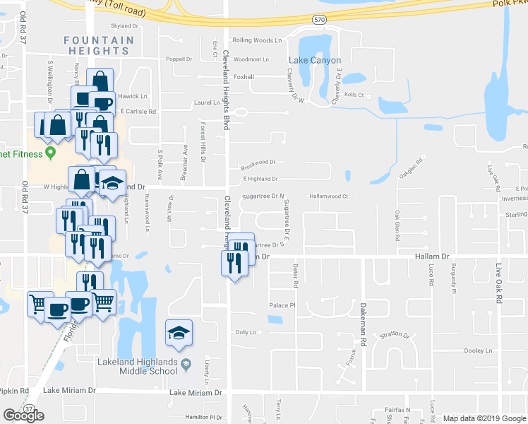 map of restaurants, bars, coffee shops, grocery stores, and more near 1056 Sugartree Lane North in Lakeland