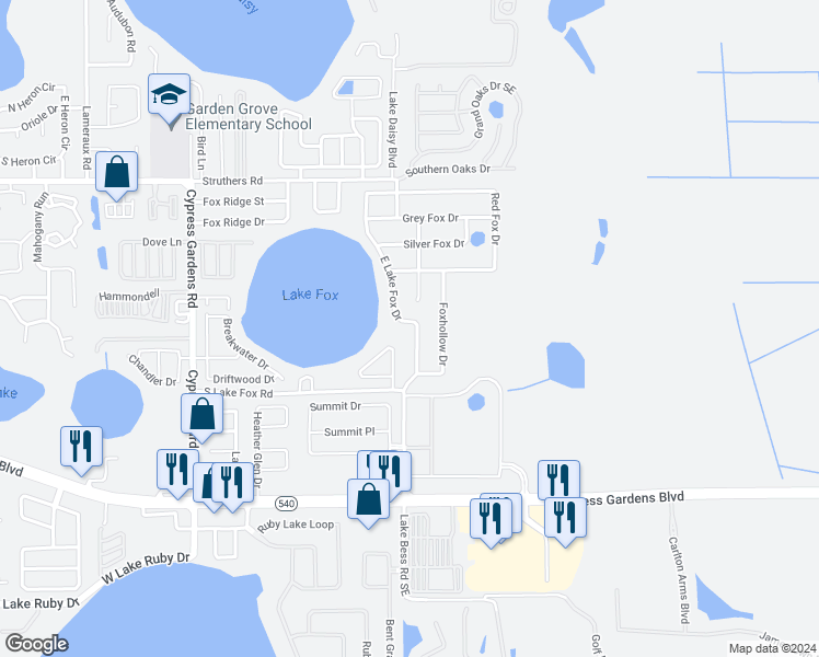 map of restaurants, bars, coffee shops, grocery stores, and more near 5737 East Lake Fox Drive in Winter Haven