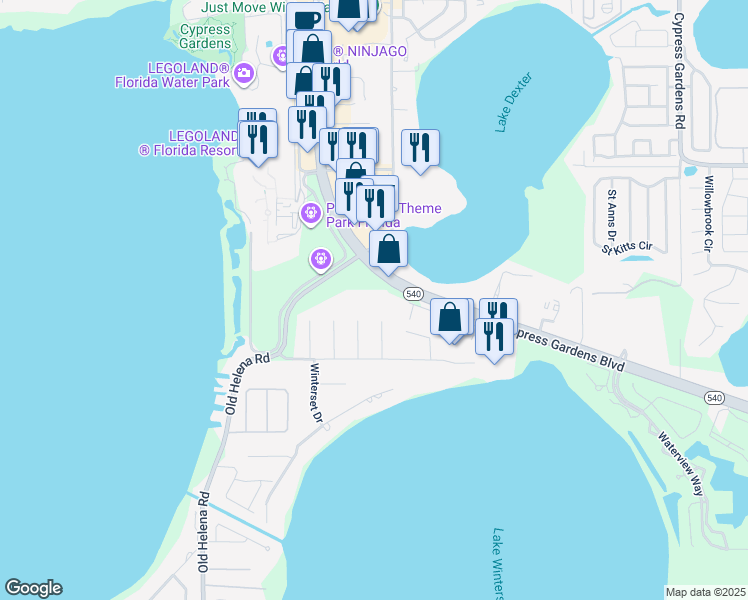 map of restaurants, bars, coffee shops, grocery stores, and more near 6110 Cypress Gardens Boulevard in Winter Haven