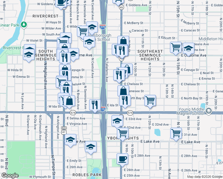 map of restaurants, bars, coffee shops, grocery stores, and more near 806 East Genesee Street in Tampa