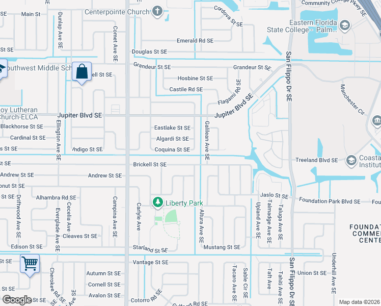 map of restaurants, bars, coffee shops, grocery stores, and more near 1039 Brickell Street Southeast in Palm Bay