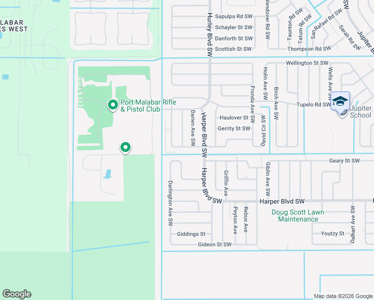 map of restaurants, bars, coffee shops, grocery stores, and more near 1340 Gerry Road Southwest in Palm Bay