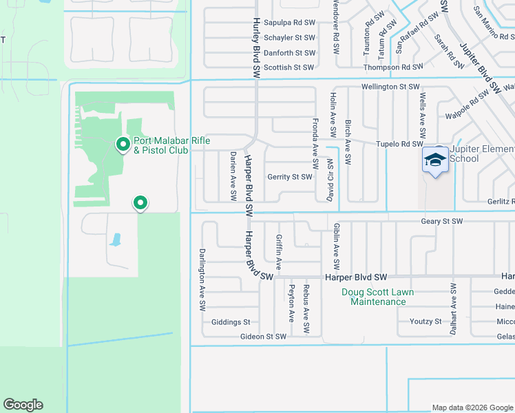 map of restaurants, bars, coffee shops, grocery stores, and more near 1283 Hathaway Road Southwest in Palm Bay