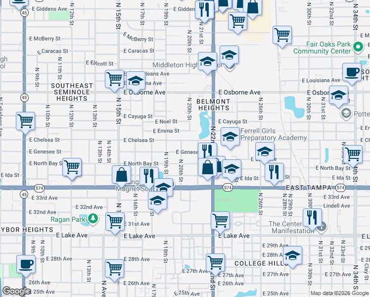 map of restaurants, bars, coffee shops, grocery stores, and more near 2005 East Genesee Street in Tampa