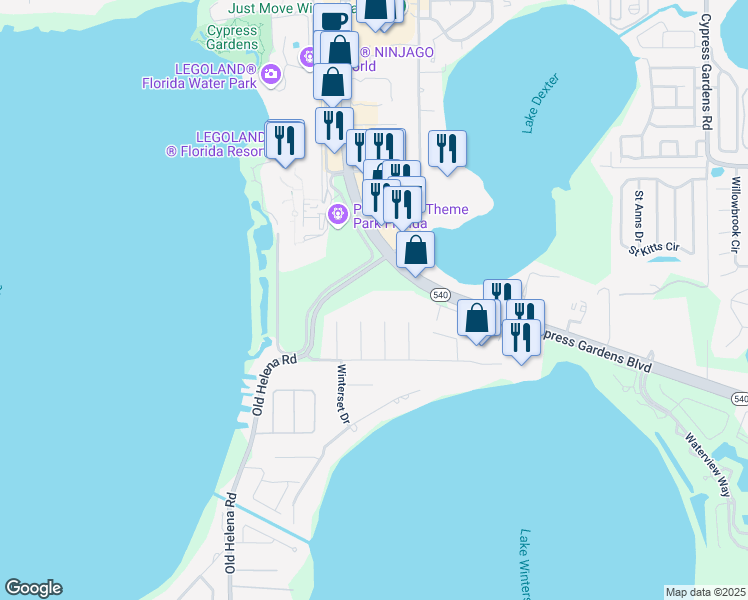 map of restaurants, bars, coffee shops, grocery stores, and more near 6120 Cypress Gardens Boulevard in Winter Haven